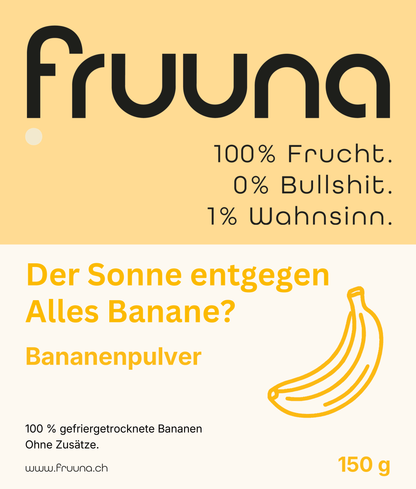 Gelbes Originaletikett für fruuna Bananenpulver 150 g aus 100 % gefriergetrockneten Bananen