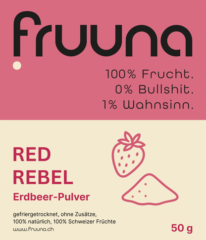 Originaletikett Fruuna Erdbeerpulver 50 g: gefriergetrocknet, 100 % Schweizer Früchte.