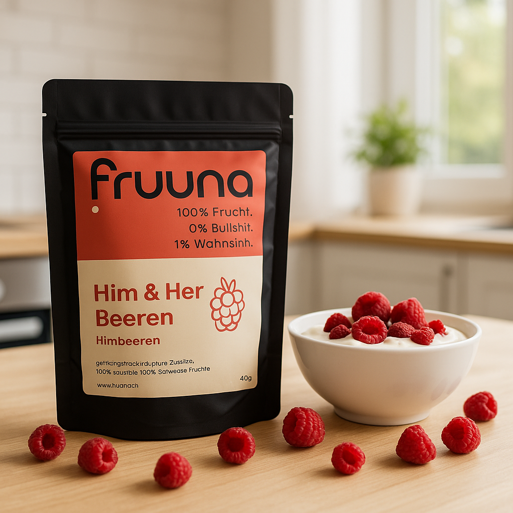 Eine Packung Fruuna Himbeeren und eine weisse Schüssel mit Joghurt und Himbeeren stehen auf einem hellen Holztisch, einige frische Beeren daneben