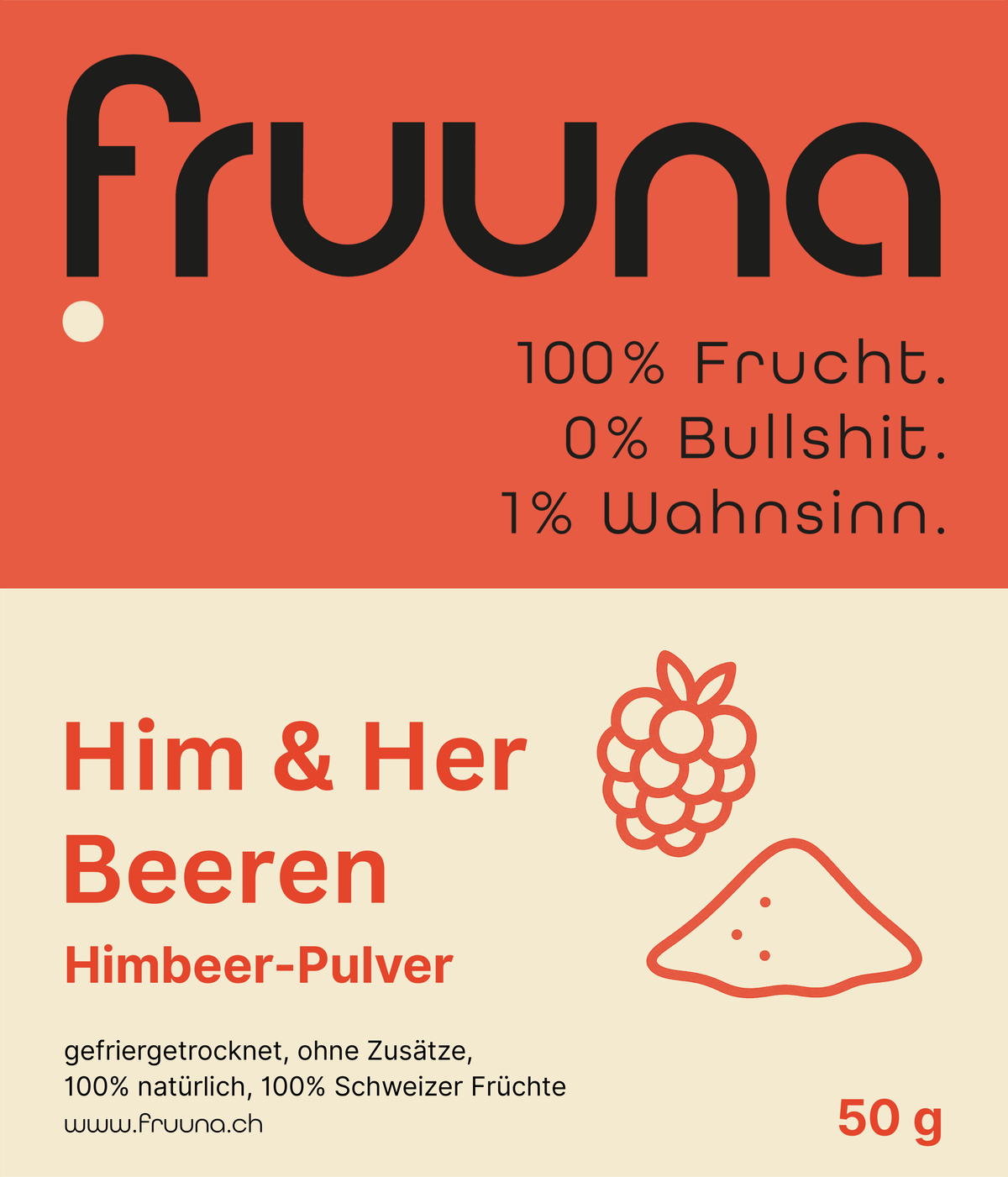 Originaletikett Fruuna Himbeerpulver 50 g: gefriergetrocknet, 100 % Schweizer Früchte.