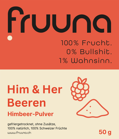 Originaletikett Fruuna Himbeerpulver 50 g: gefriergetrocknet, 100 % Schweizer Früchte.