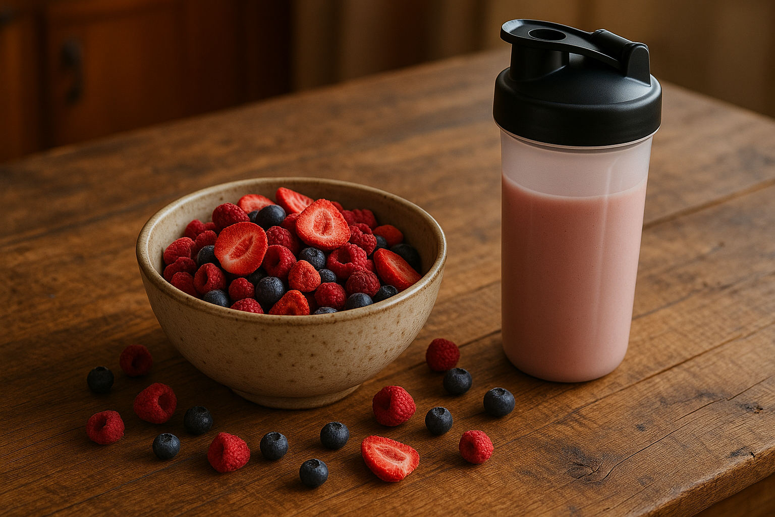 Eine Schüssel mit gefriergetrockneten Beeren und ein Becher mit einem Fruchtshake stehen auf einem Holztisch