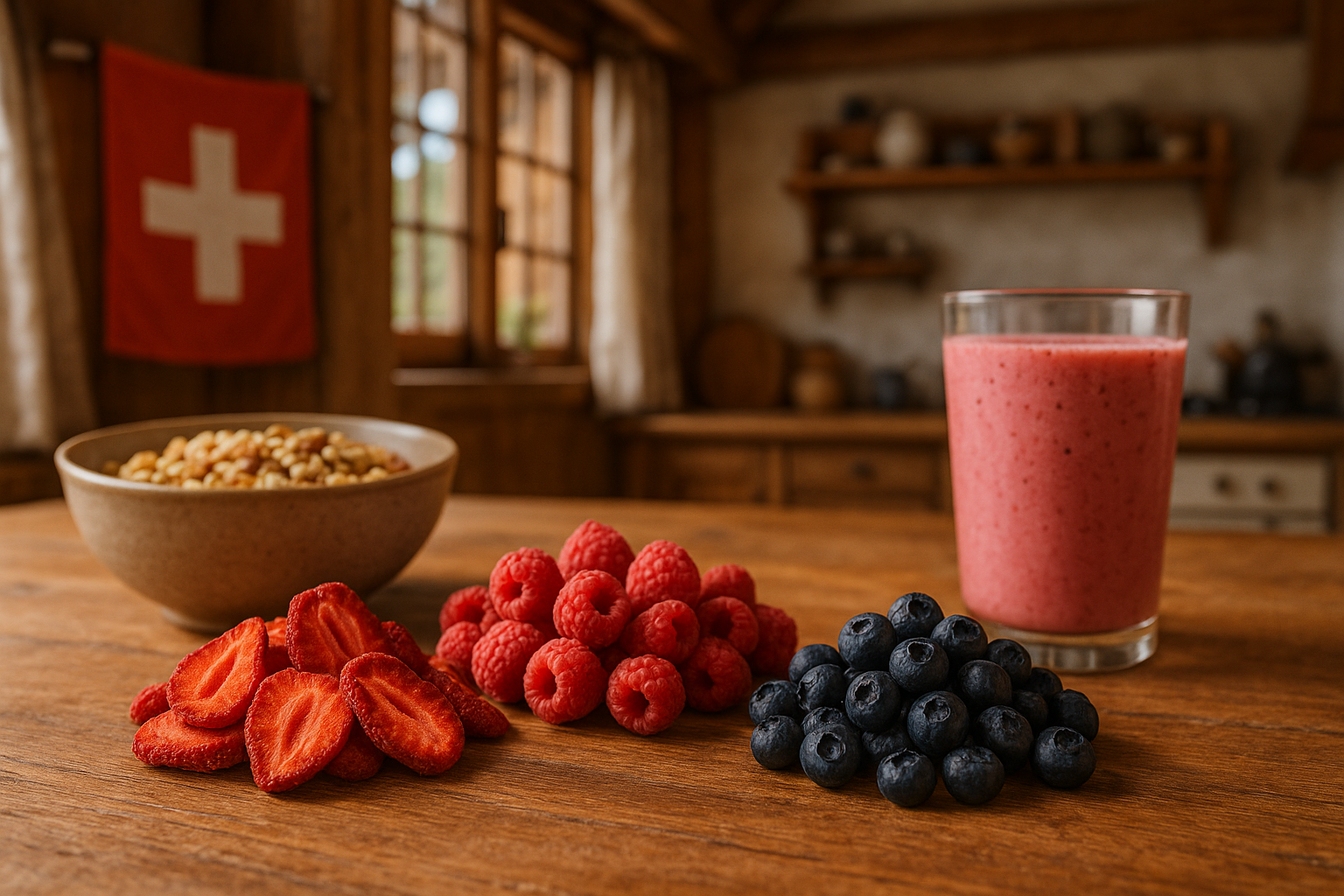 getrocknete früchte - erdbeeren, himbeeren, blaubeeren in einer Küche mit holztisch und ein Müsli und ein Shake und eine schweizer fahne
